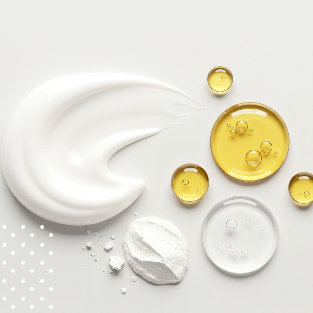 White cream, yellow oil droplets, and clear gel on a light gray background