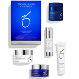 ZO Skin Health by Zein Obagi MD skincare set arranged on a white background, including a large blue box, a blue jar, a white bottle with silver cap, a white tube, and two white jars with silver lids.