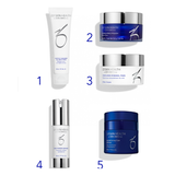 Five skincare products from ZO Skin Health are arranged in a numbered grid on a white background, with blue numbers 1 through 5. The products include a cleanser, a treatment cream, a pad, a serum, and an overnight mask cream.