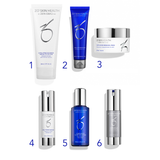 Six ZO Skin Health skincare products arranged in two rows on a white background, numbered 1 through 6 in blue text. The products include a white cleanser tube, a blue serum tube, a white cream jar, two white bottles with silver caps, a blue bottle with a silver cap, and a silver bottle with a silver cap.